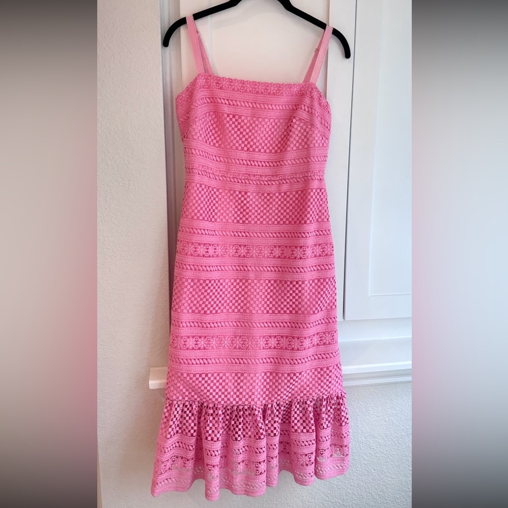 J Crew eyelet lace overlay pink embroidered midi dress